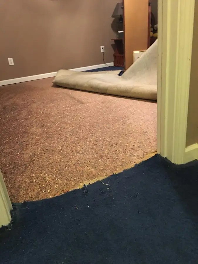 Carpet pad removal revealing water damage during Water Mitigation Services in Duluth